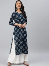 Women Printed Navy Blue Cotton Fabric Kurti